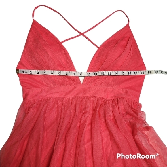 Emerald Sundae Coral Pink Deep V-neck  Cross Back Strap Dress With High Slits - Picture 8 of 10